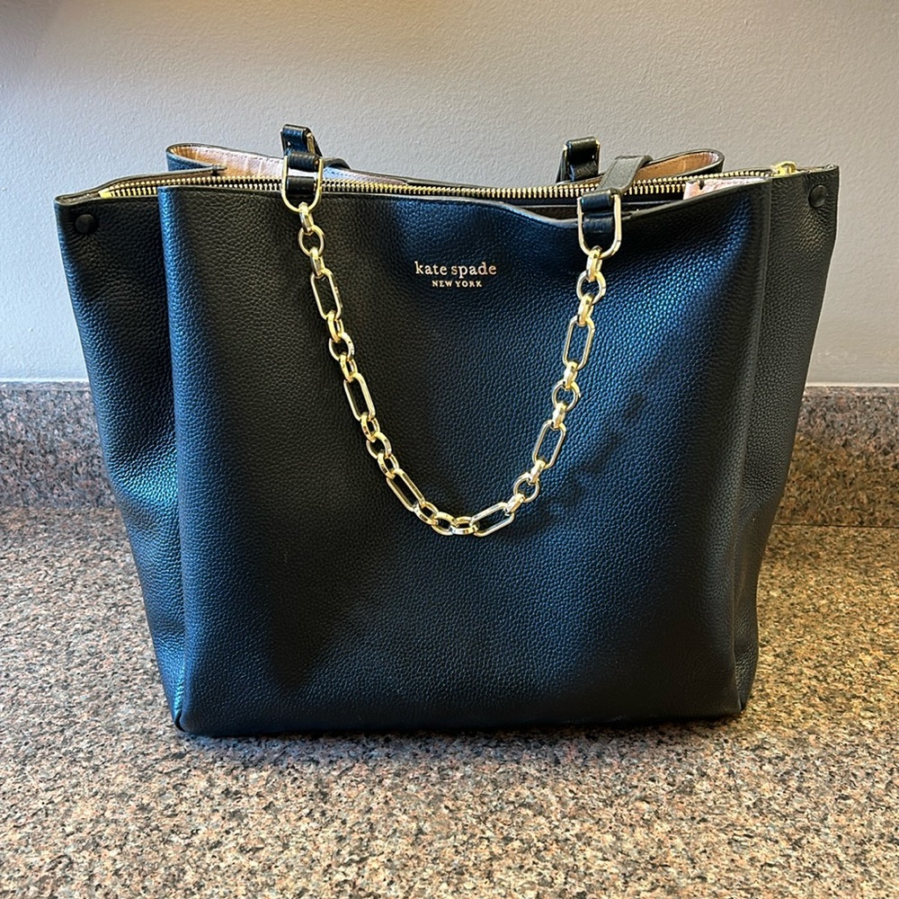 kate spade Black Pebbled Leather Tote with Gold Chain